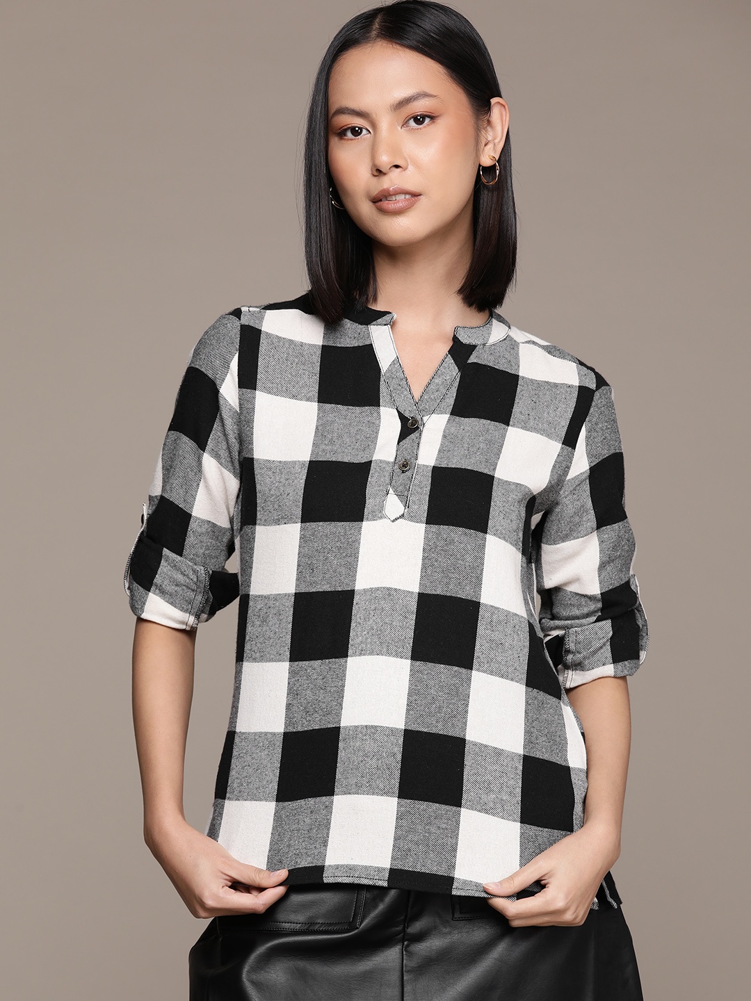 

Roadster Checked Mandarin Collar Roll-Up Sleeves Pure Cotton Shirt Style Top, Black