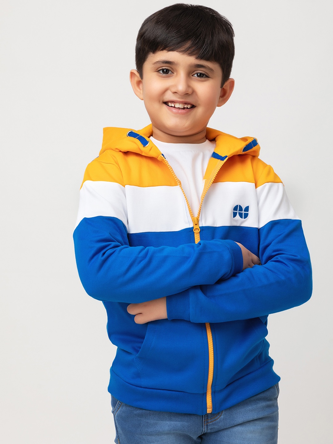 

Purple United Kids Boys Colourblocked Hooded Fleece Bomber Jacket, Mustard