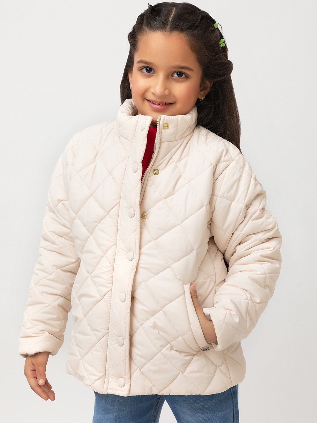 

Purple United Kids Girls Mock Collar Rapid-Dry Quilted Jacket, White