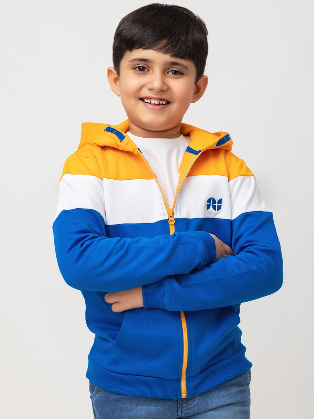 

Purple United Kids Boys Colourblocked Hooded Fleece Jacket, Mustard