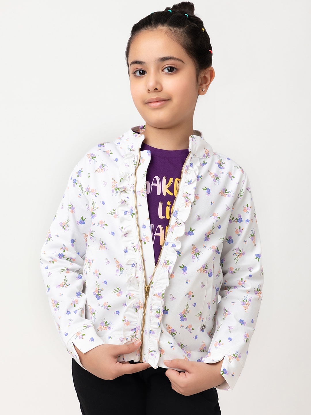 

Purple United Kids Girls Floral Printed Cotton Jacket, White