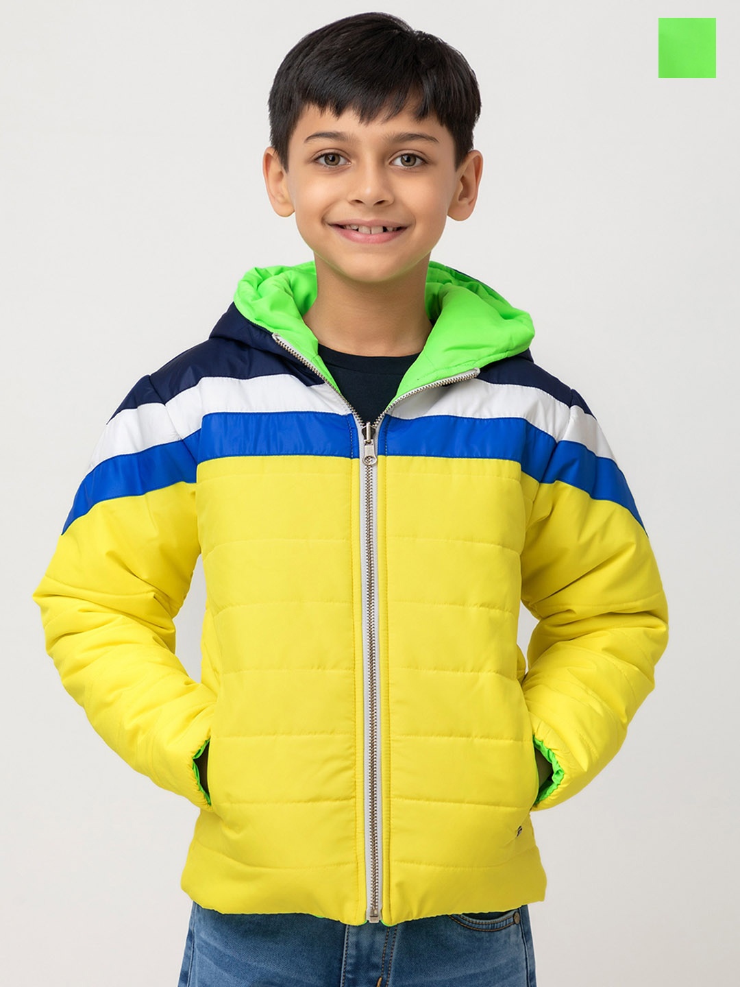 

Purple United Kids Boys Hooded Colourblocked Reversible Puffer Jacket, Yellow
