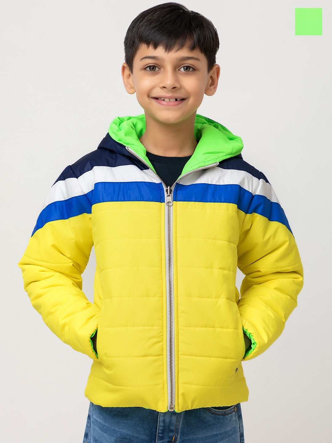 

Purple United Kids Boys Colourblocked Hooded Reversible Puffer Jacket, Yellow