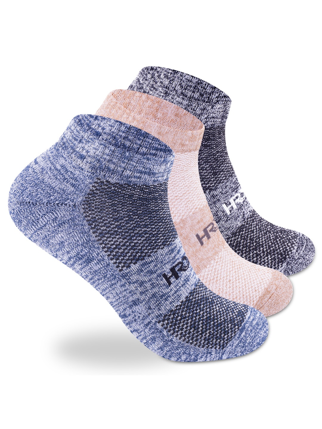 

HRX by Hrithik Roshan Men Pack Of 3 Blue, Beige & Grey Patterned Cotton Ankle Length Socks