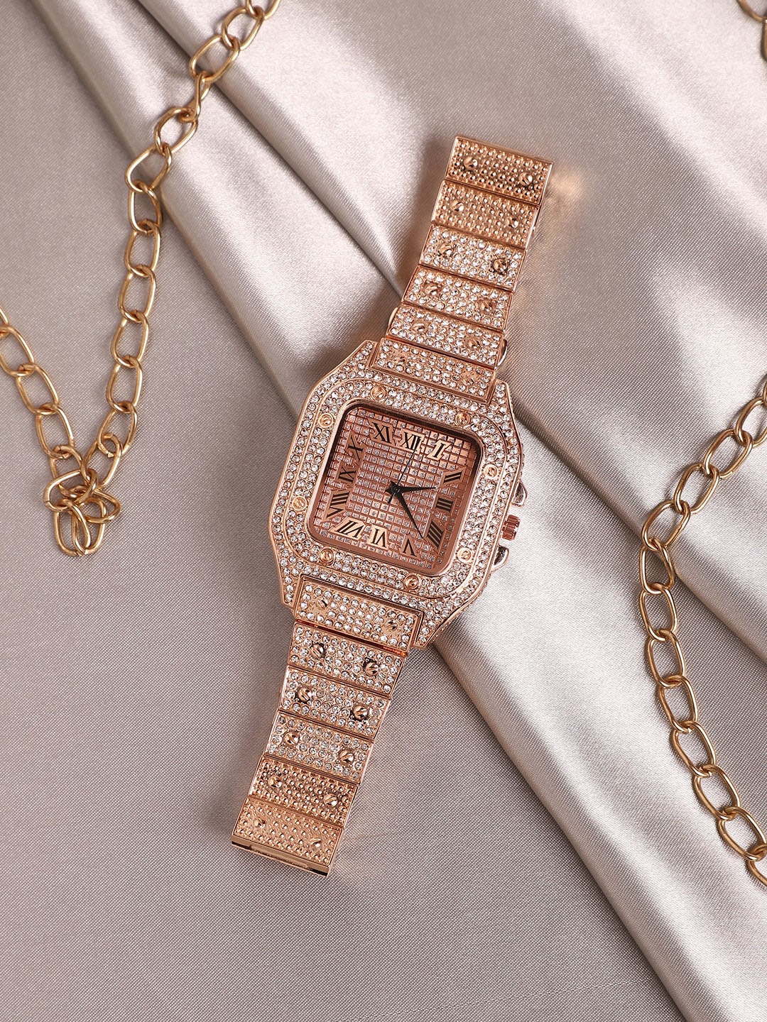 

HAUTE SAUCE by Campus Sutra Women Embellished Square Analogue Watch AWH23_HSWC1094, Rose gold