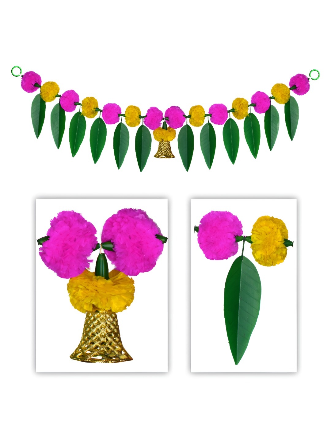 

iHandikart Pink 2 Pieces Marigold With Mango Leaf Hanging Toran Artificial Flower