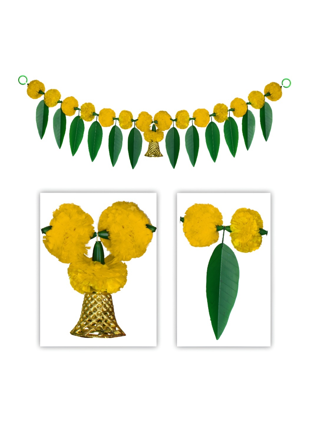 

iHandikart Yellow 4 Pieces Marigold With Mango Leaf Hanging Toran Artificial Flower