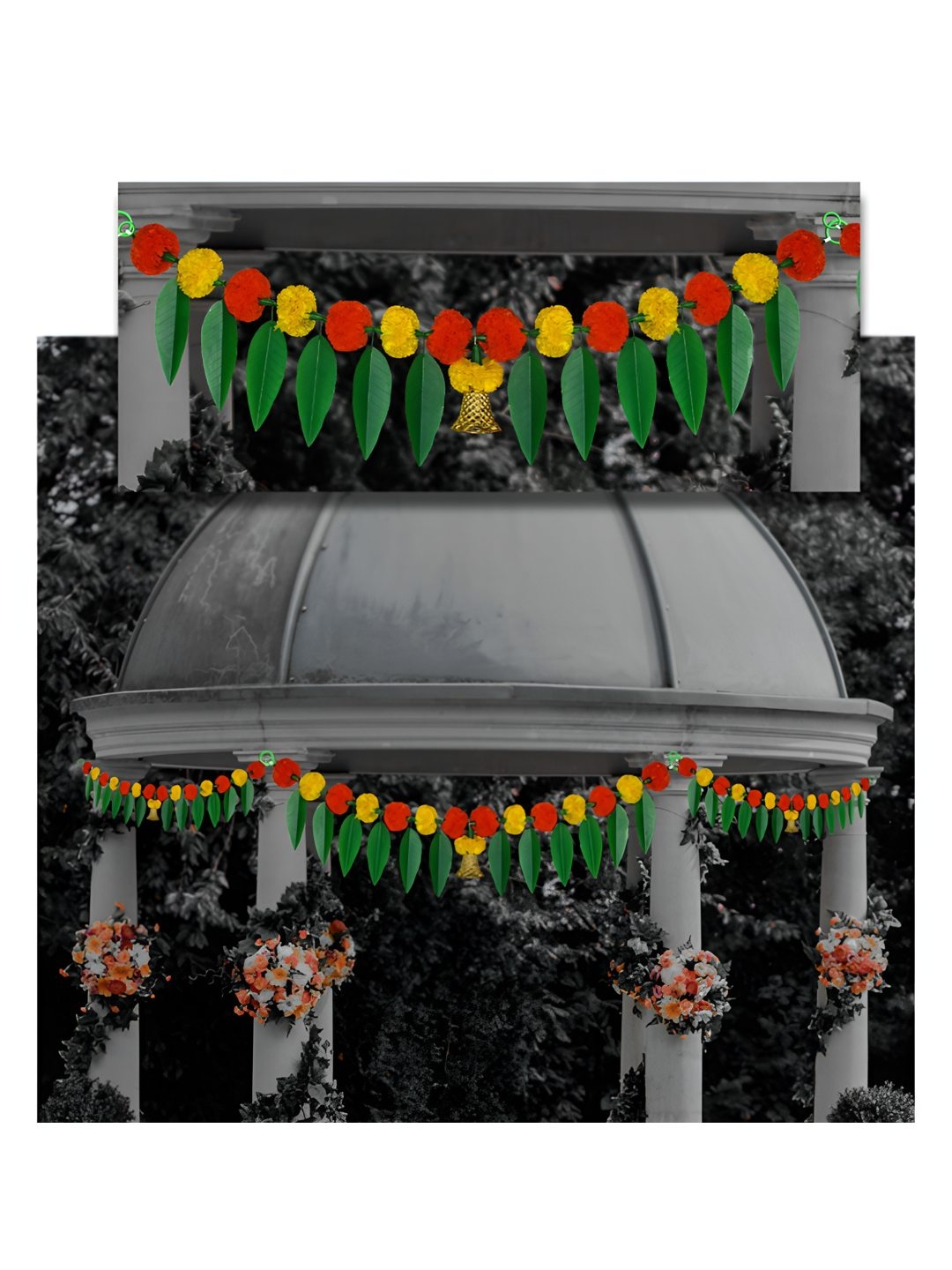 

iHandikart Yellow 4 Pieces Marigold With Mango Leaf Hanging Toran Artificial Flower, Multi