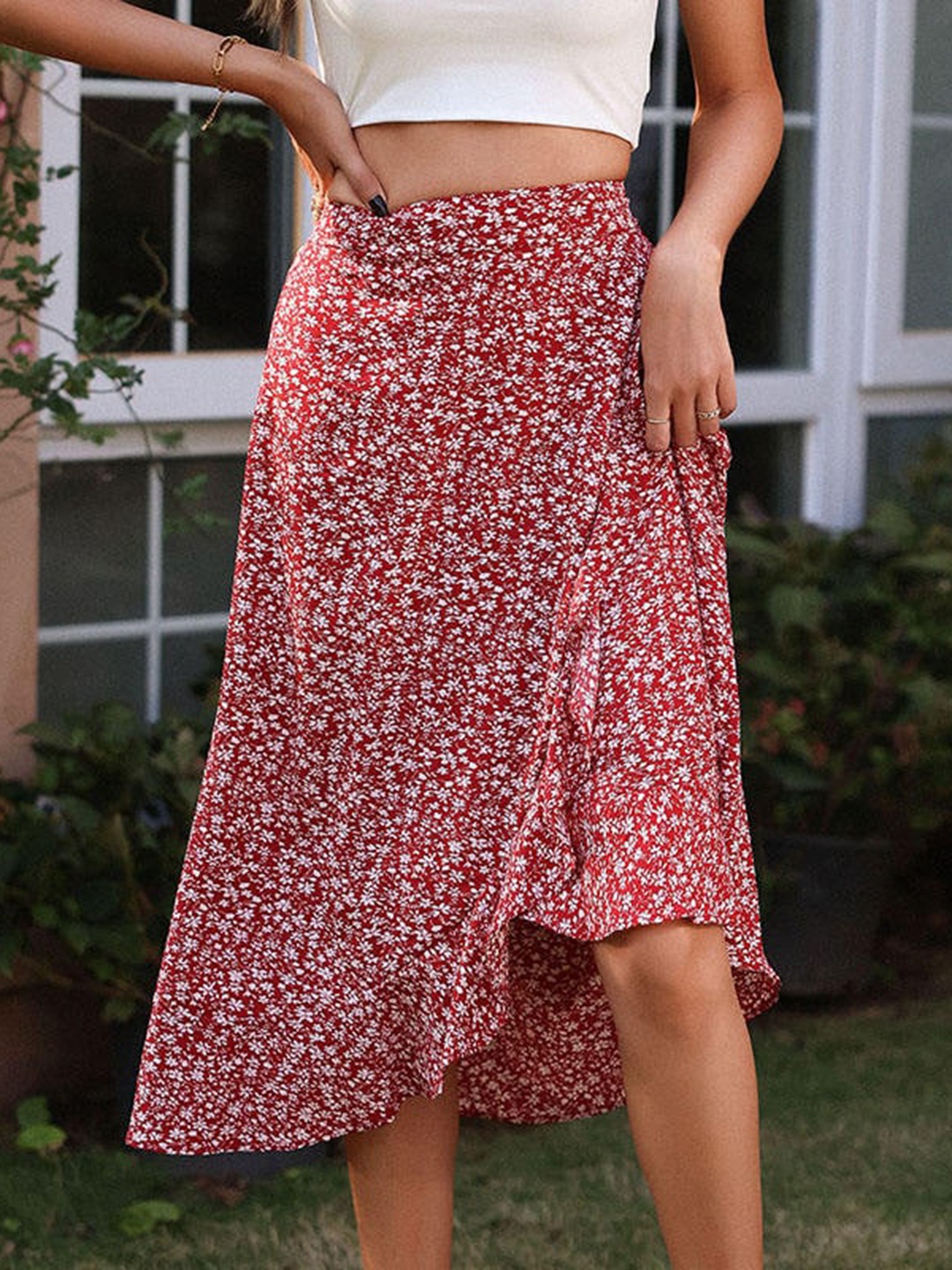 

StyleCast Red Floral Printed Wrap Midi Skirt