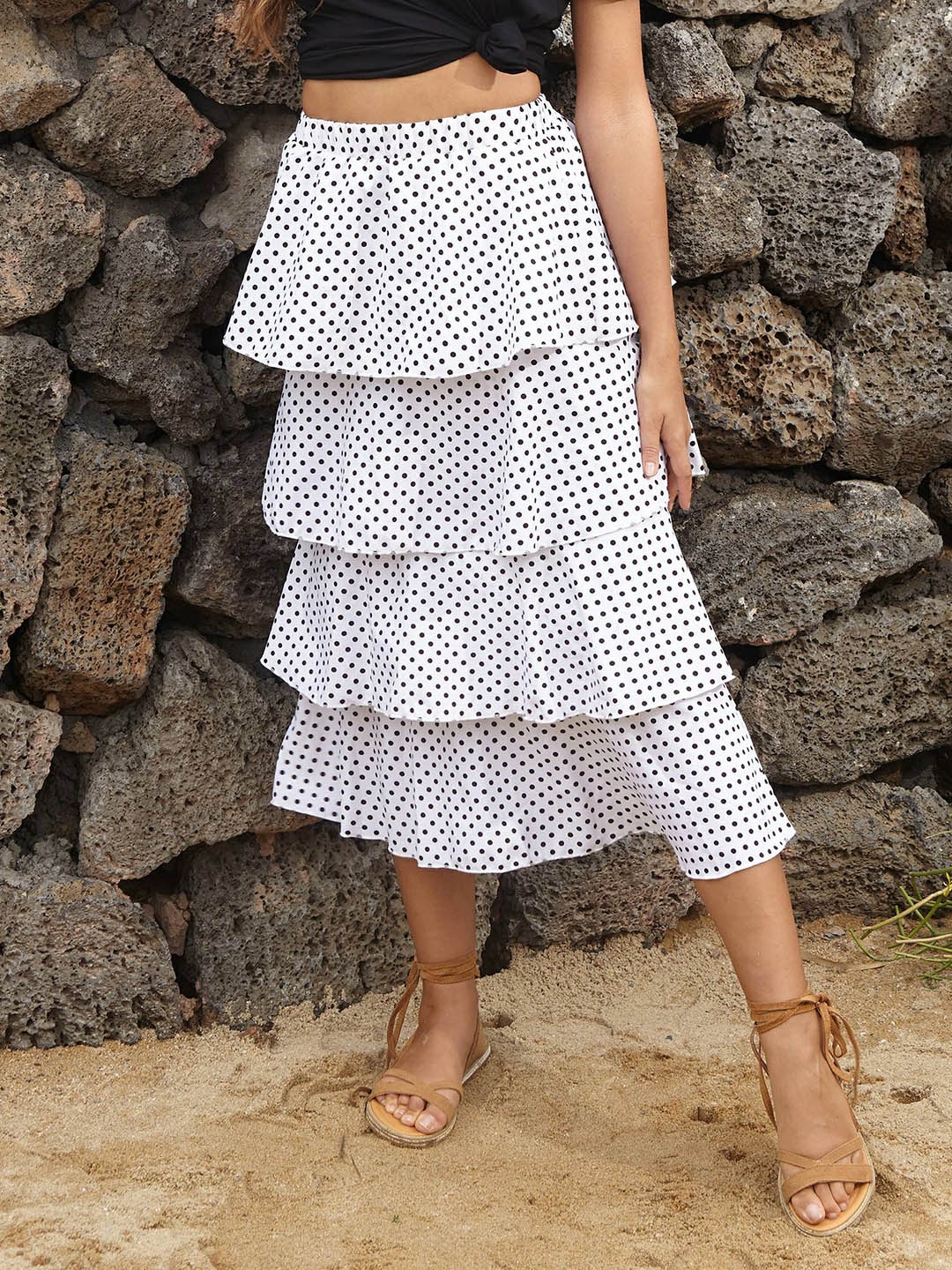 

StyleCast White Polka Dots Printed Layered Midi Skirt