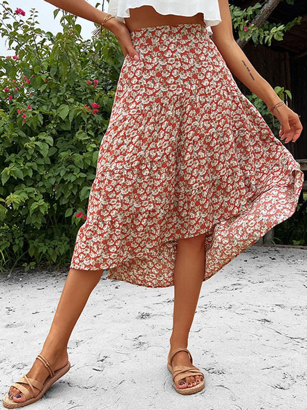 

StyleCast Red Floral Printed Tiered Midi Skirt