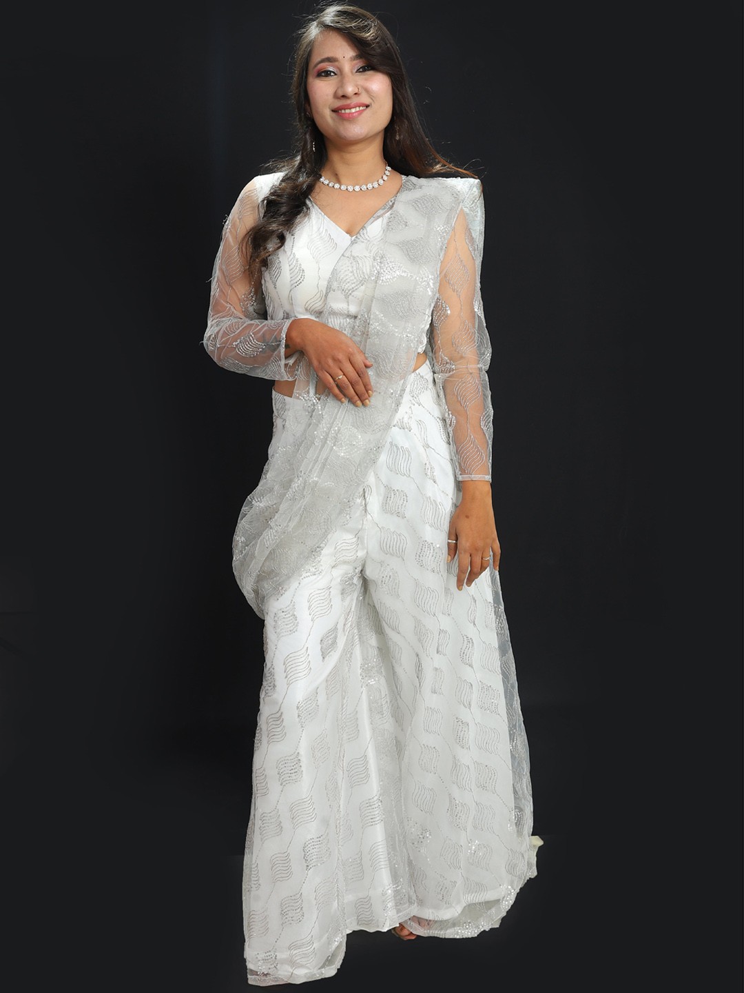 

Weavers Saga Embellished Net Palazzo Saree with Stitched Blouse, White