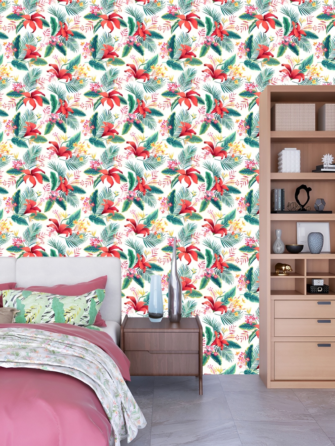 

DWELLSINDIA White & Red Floral Pattern Self Adhesive Waterproof Removable Wallpaper