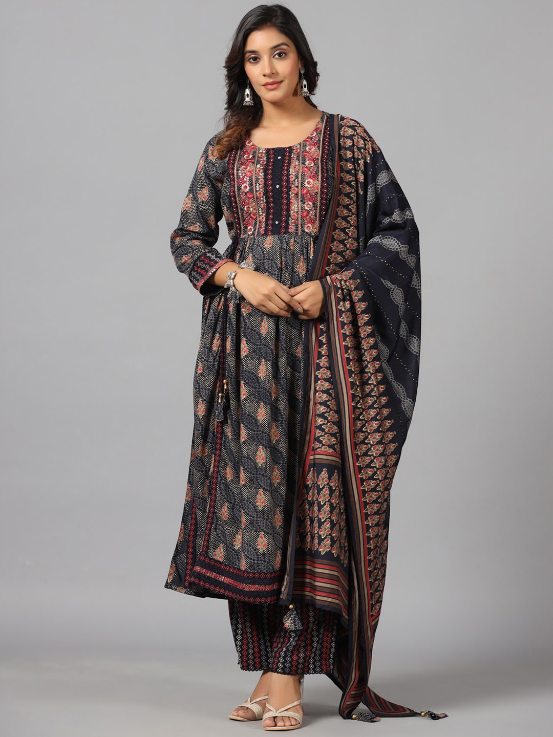 

Amchoor Ethnic Motifs Printed Thread Work A-Line Kurta with Trousers & Dupatta, Navy blue