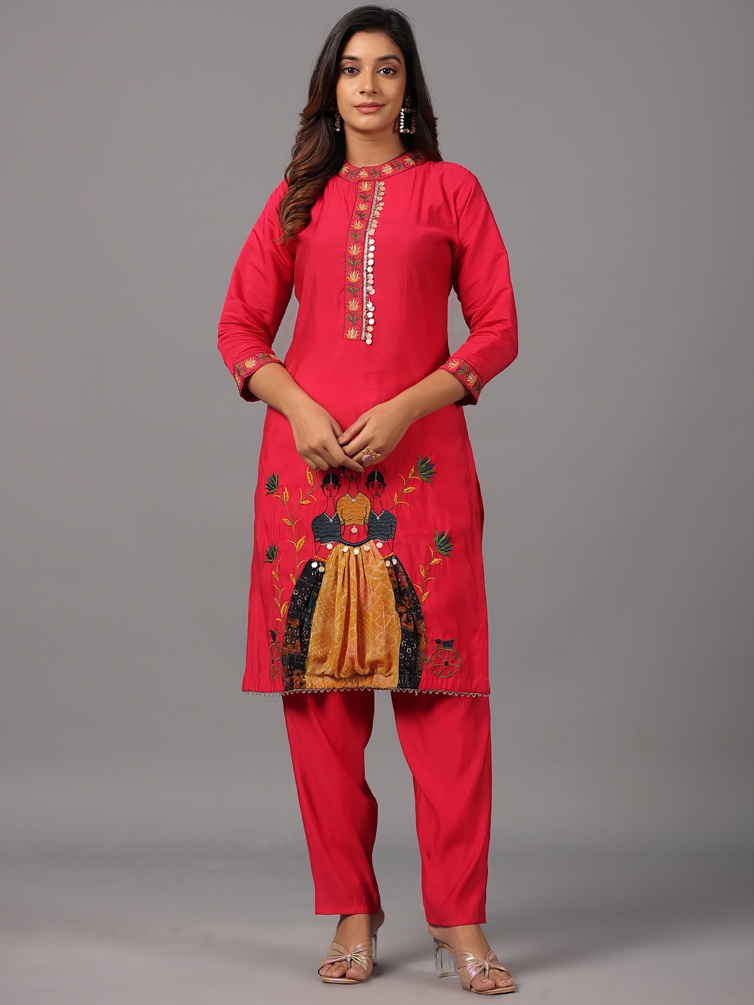 Amchoor Ethnic Motifs Embroidered Band Collar kurta With Trouser, Pink