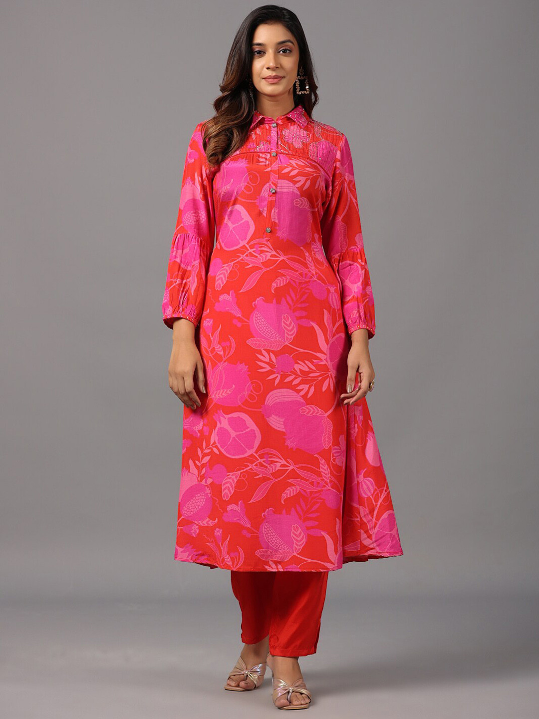 

Amchoor Floral Printed Shirt Collar Straight Kurta With Trousers, Pink