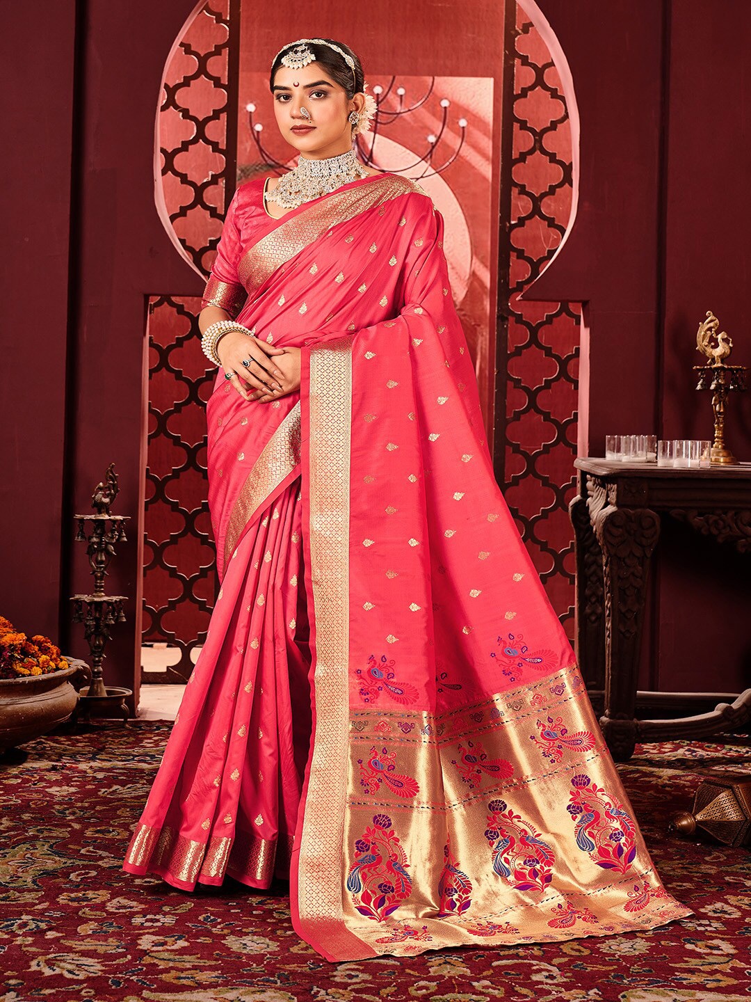 

Kalapushpi Ethnic Motifs Woven Design Silk Blend Paithani Saree, Pink