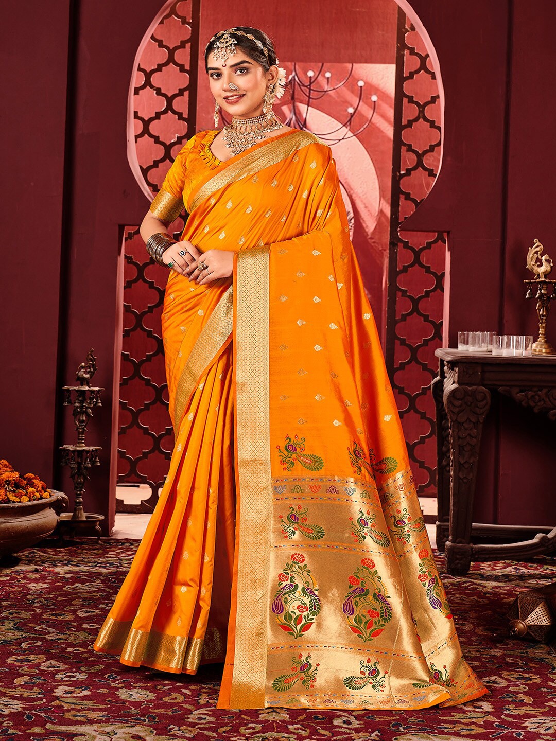 

Kalapushpi Ethnic Motifs Woven Design Zari Banarasi Saree, Orange