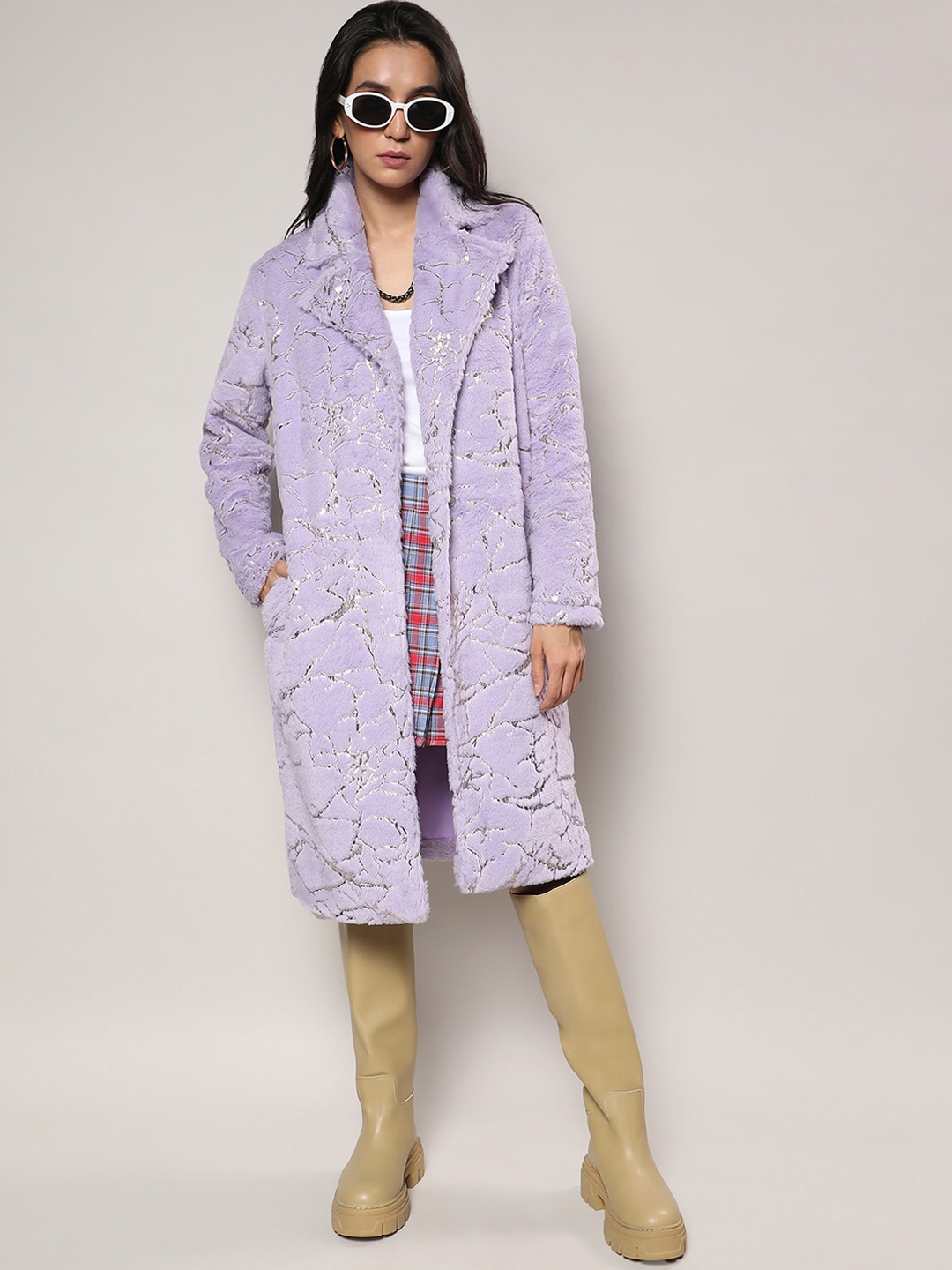 

Campus Sutra Self Design Notched Lapel Single Breasted Longline Overcoat, Purple