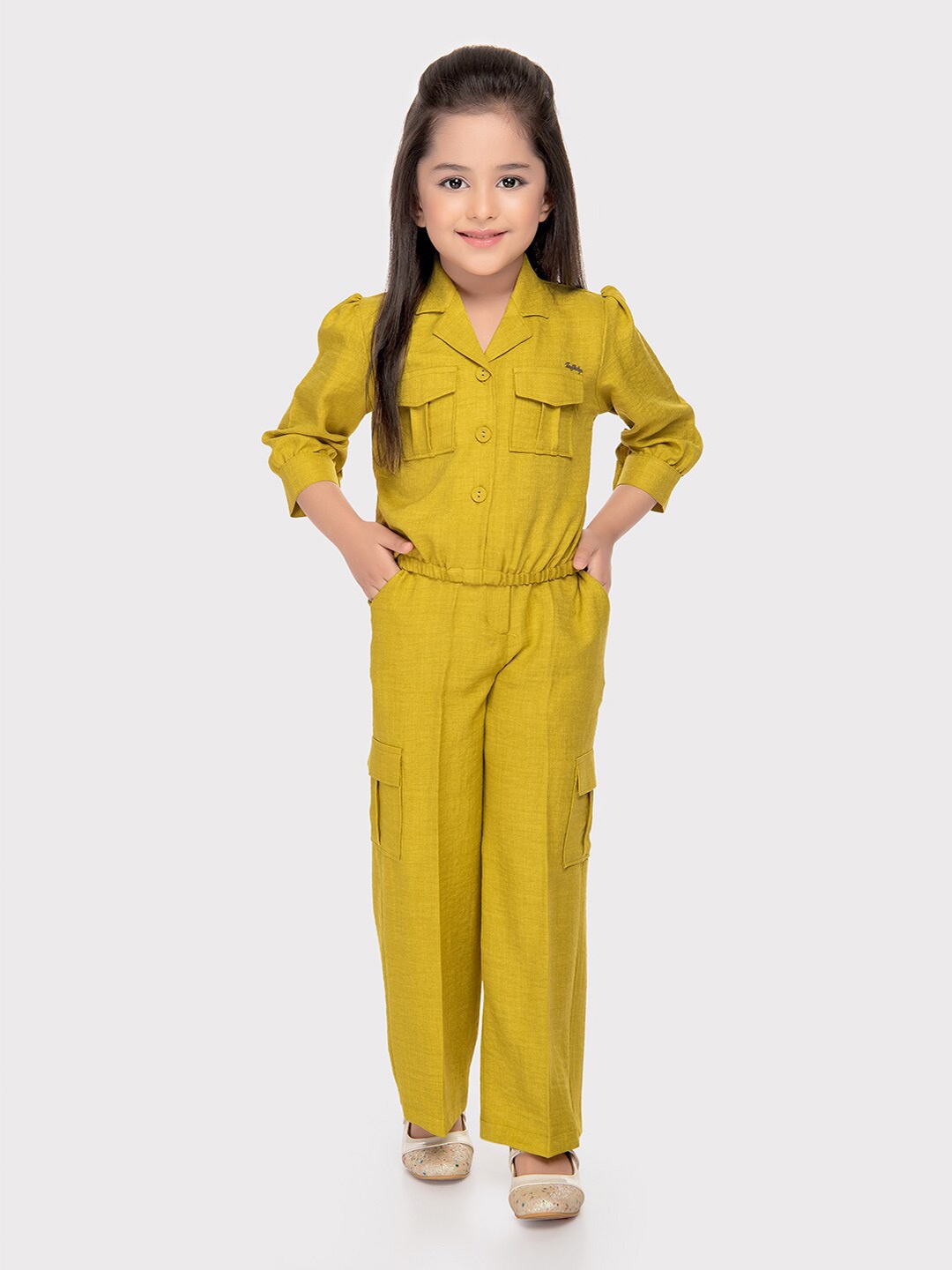 

Tiny Baby Girls Yellow Lapel Collar Cuffed Sleeves Shirt & Trouser