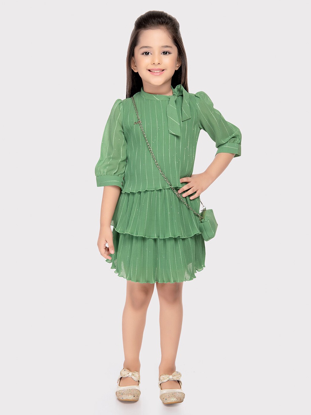 

Tiny Baby Girls Striped Tie-Up Neck Top & Skirt with Pocket Purse, Green