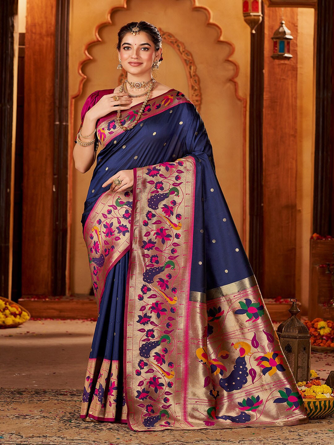 

Kalapushpi Silk Blend Paithani Saree, Navy blue