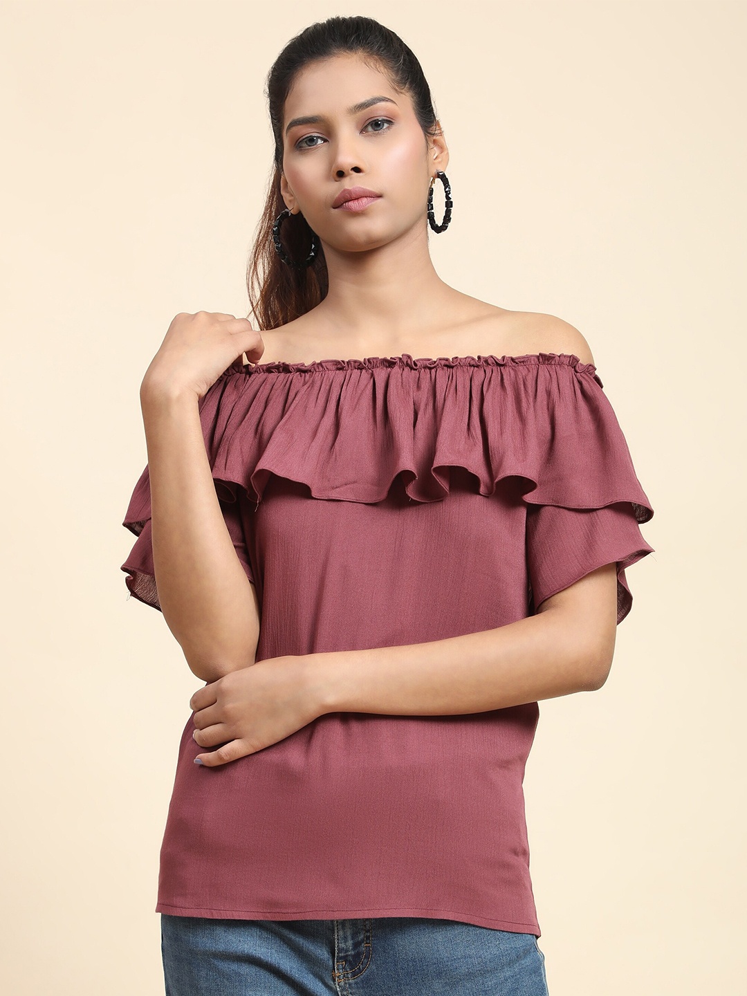 

BAESD Off-Shoulder Ruffles Cotton Blouson Top, Purple