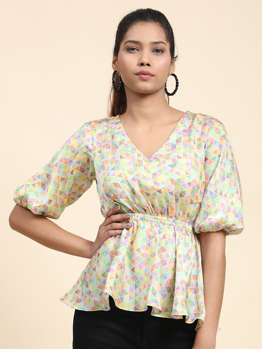 

BAESD Geometric Printed Puff Sleeves Smocked Peplum Top, Yellow