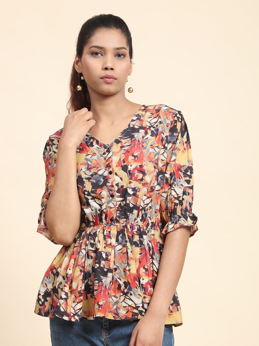 

BAESD Abstract Printed Cotton Pleated A-Line Top, Brown