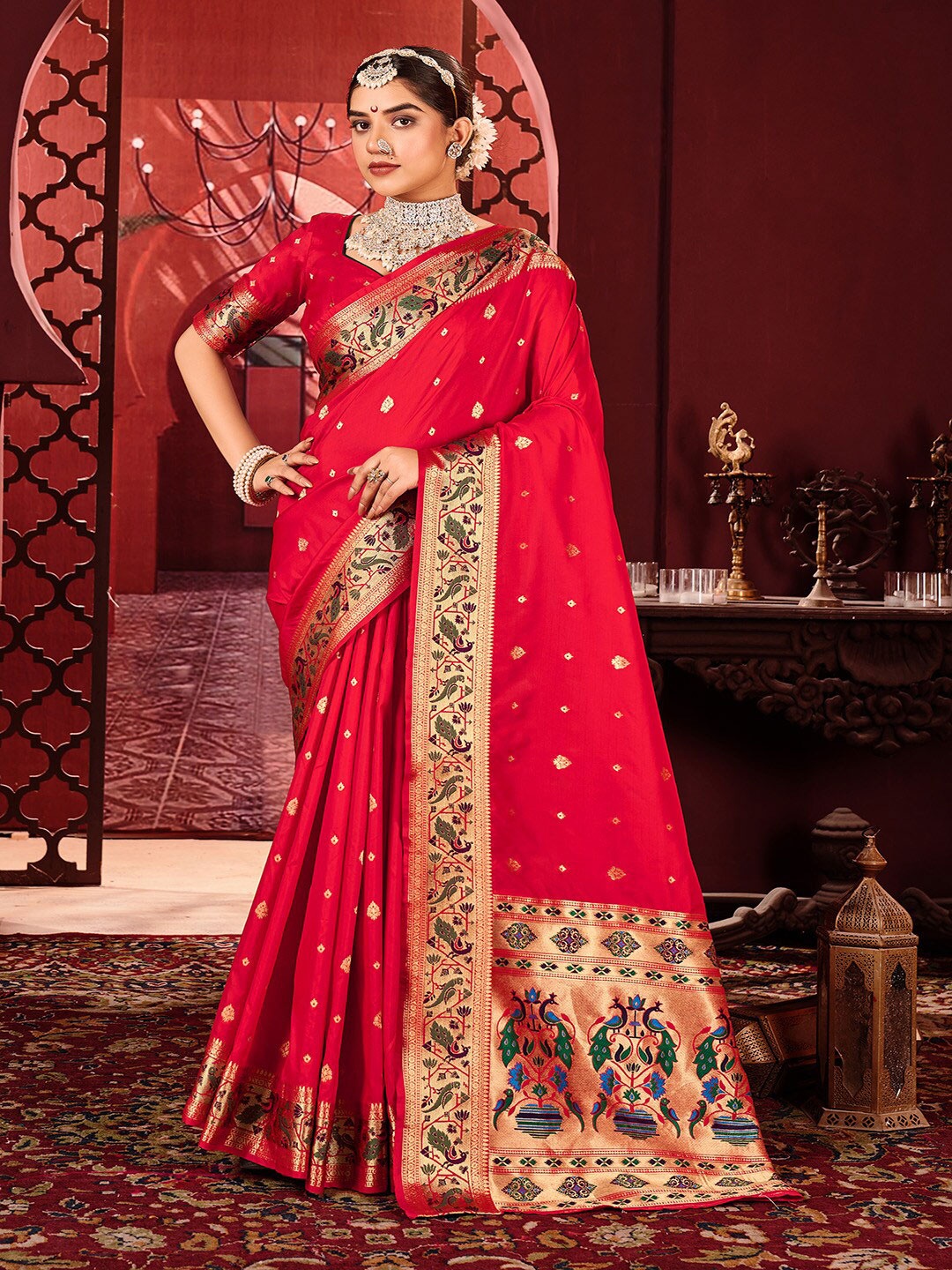 

Kalapushpi Silk Blend Paithani Saree, Red