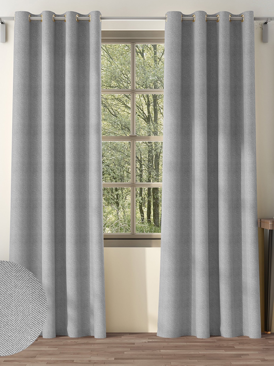 Nefertiti Home Grey 2 Pcs Floral Black Out Door Curtain