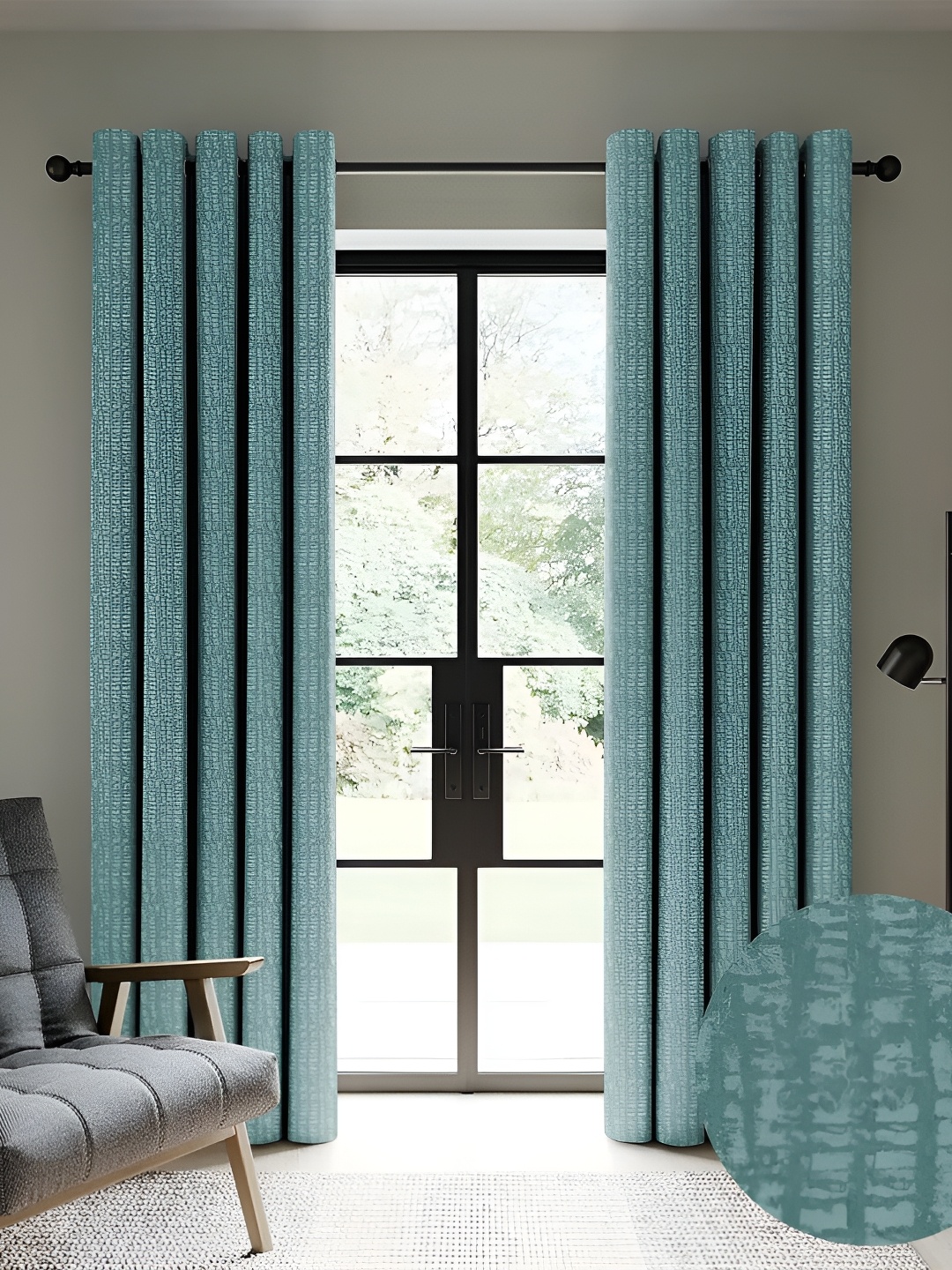 Nefertiti Home Teal 2 Pcs Floral Black Out Door Curtain