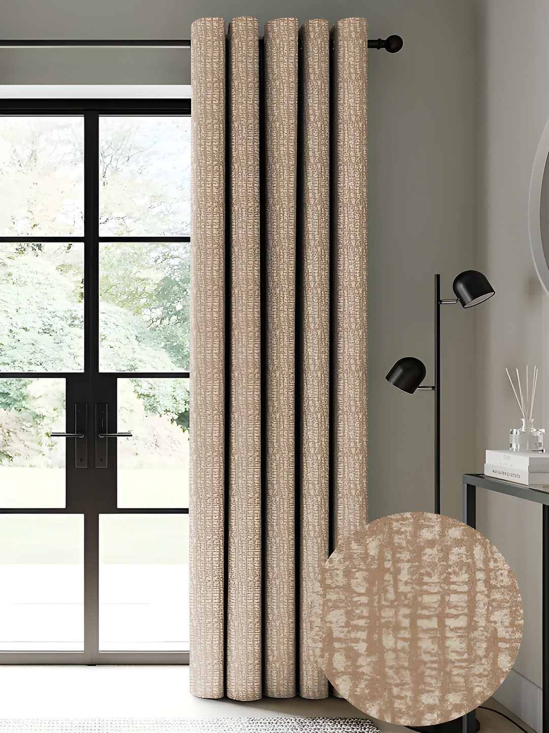 Nefertiti Home Beige 2 Pcs Floral Black Out Long Door Curtain