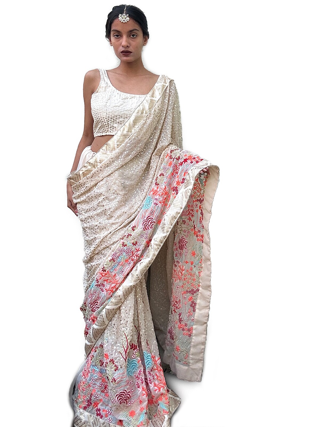 

ODETTE Floral Embellished Poly Georgette Ikat Saree, White