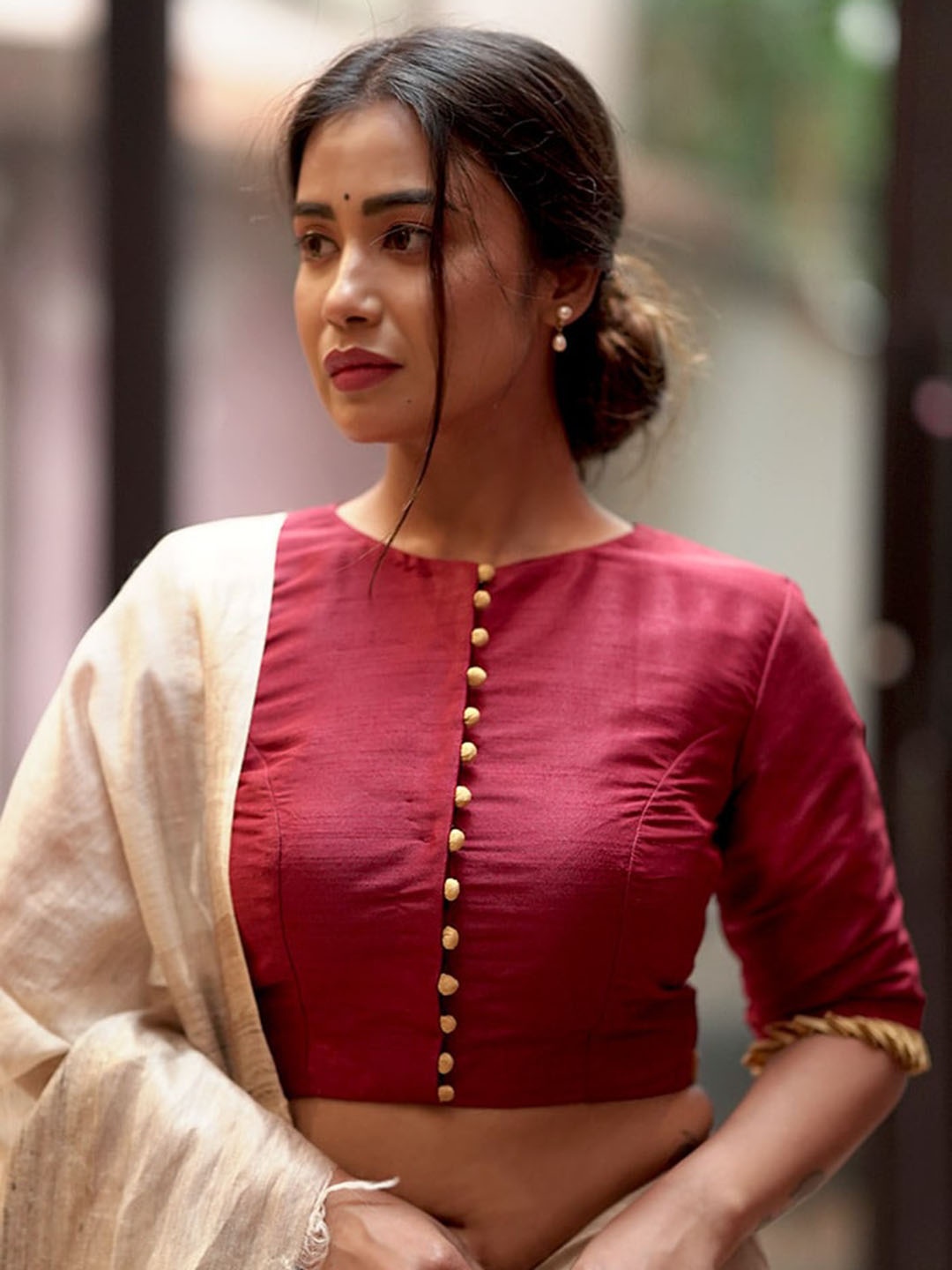 

AllSilks Boat Neck Dupion Silk Saree Blouse, Maroon