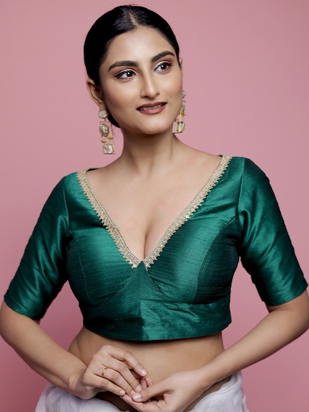 

AllSilks V-Neck Padded Saree Blouse, Green