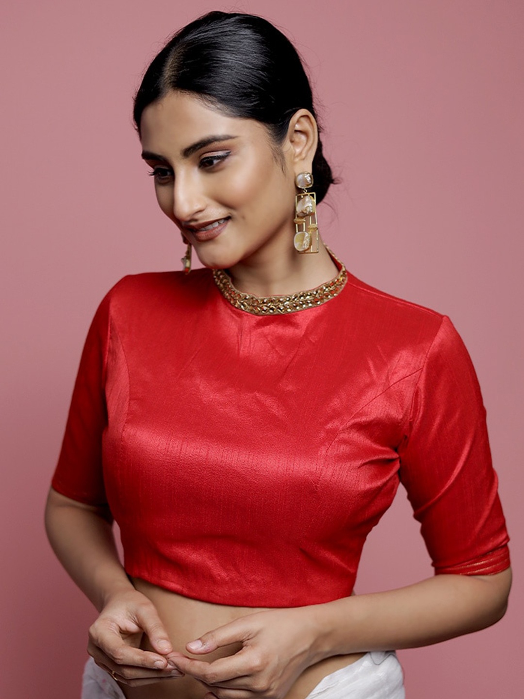 

AllSilks Embroidered Dupion Silk Saree Blouse, Red