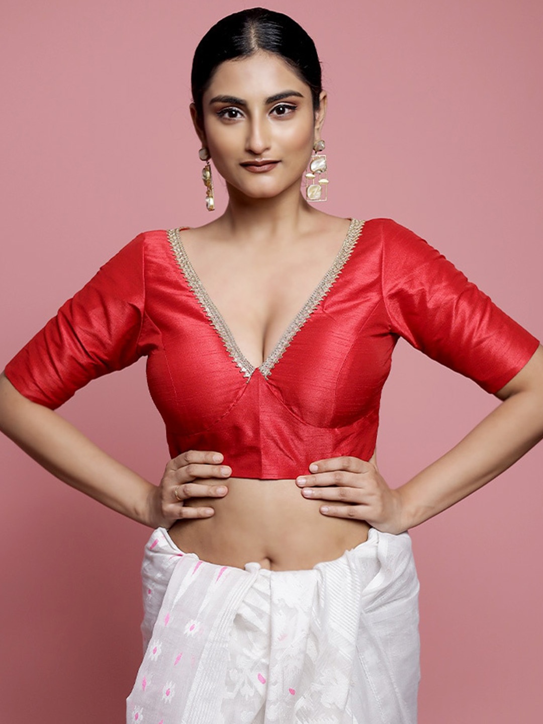

AllSilks V-Neck Padded Saree Blouse, Red