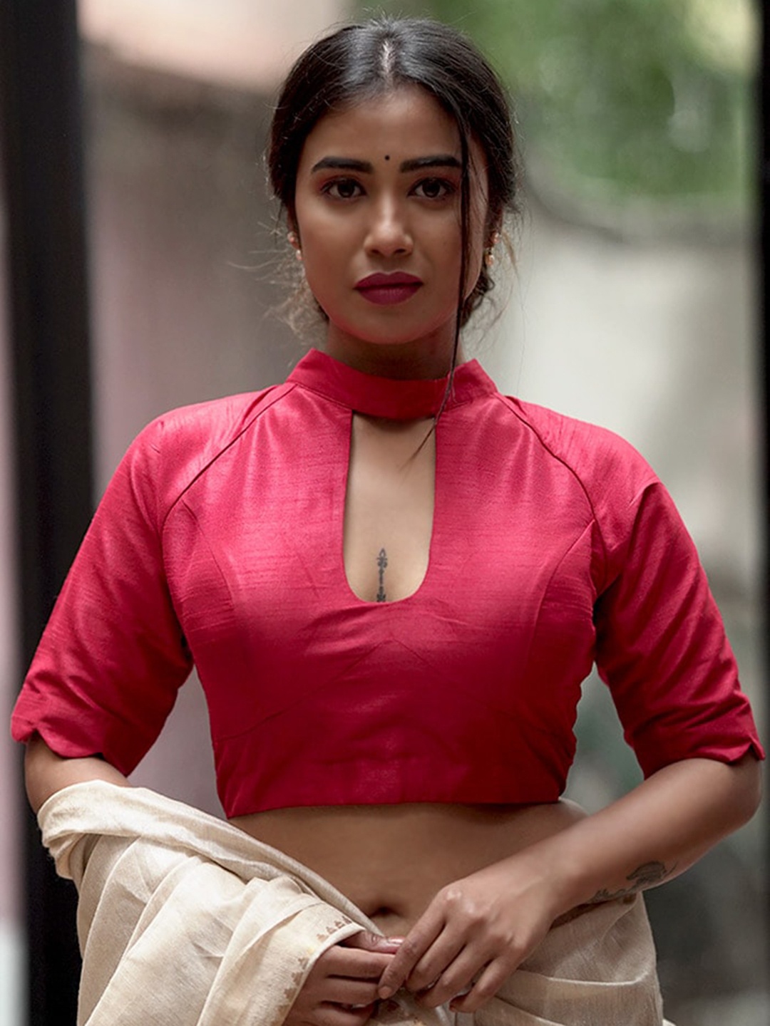 

AllSilks High Neck Dupion Silk Saree Blouse, Red