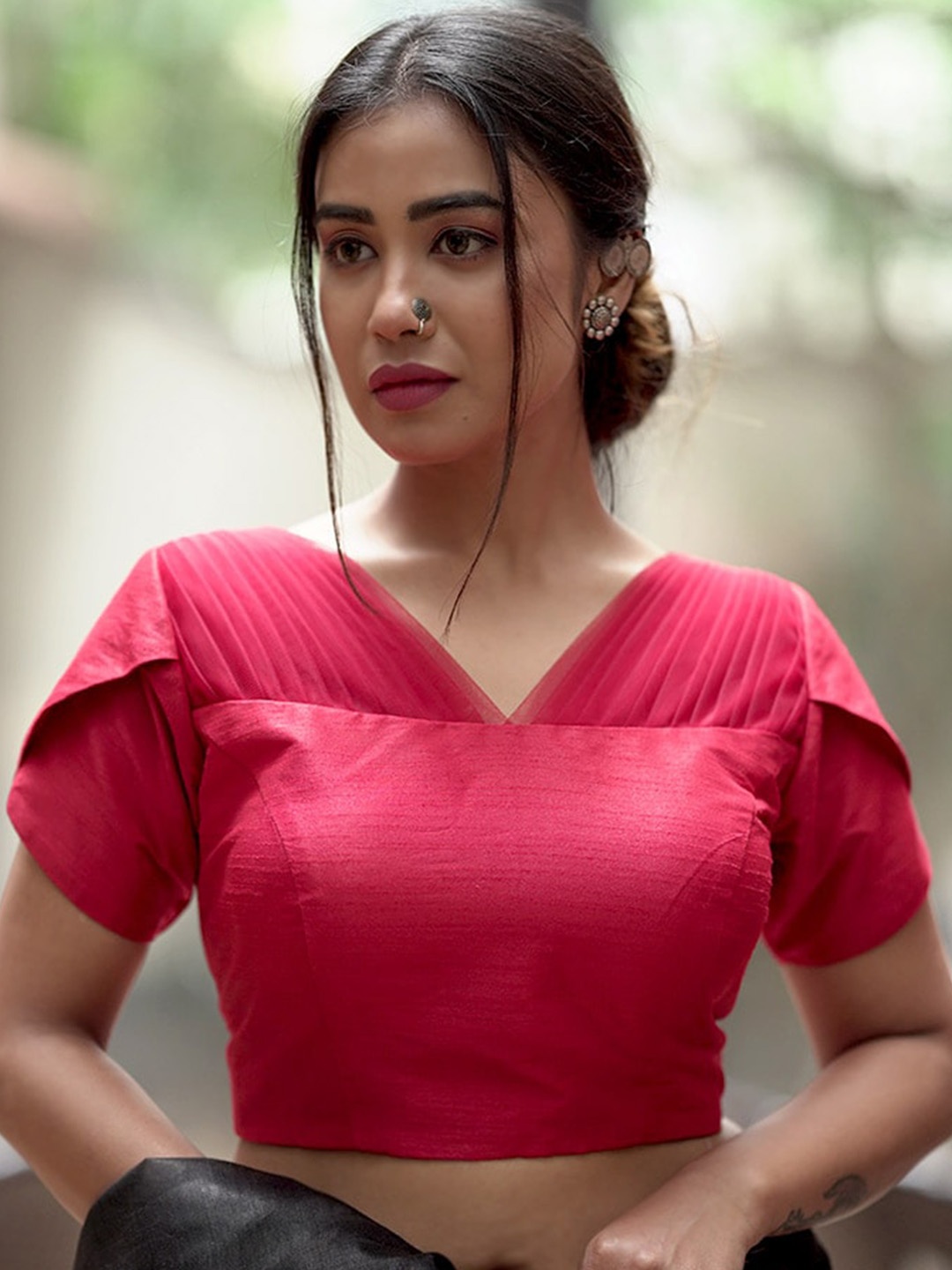 

AllSilks V-Neck Padded Saree Blouse, Red