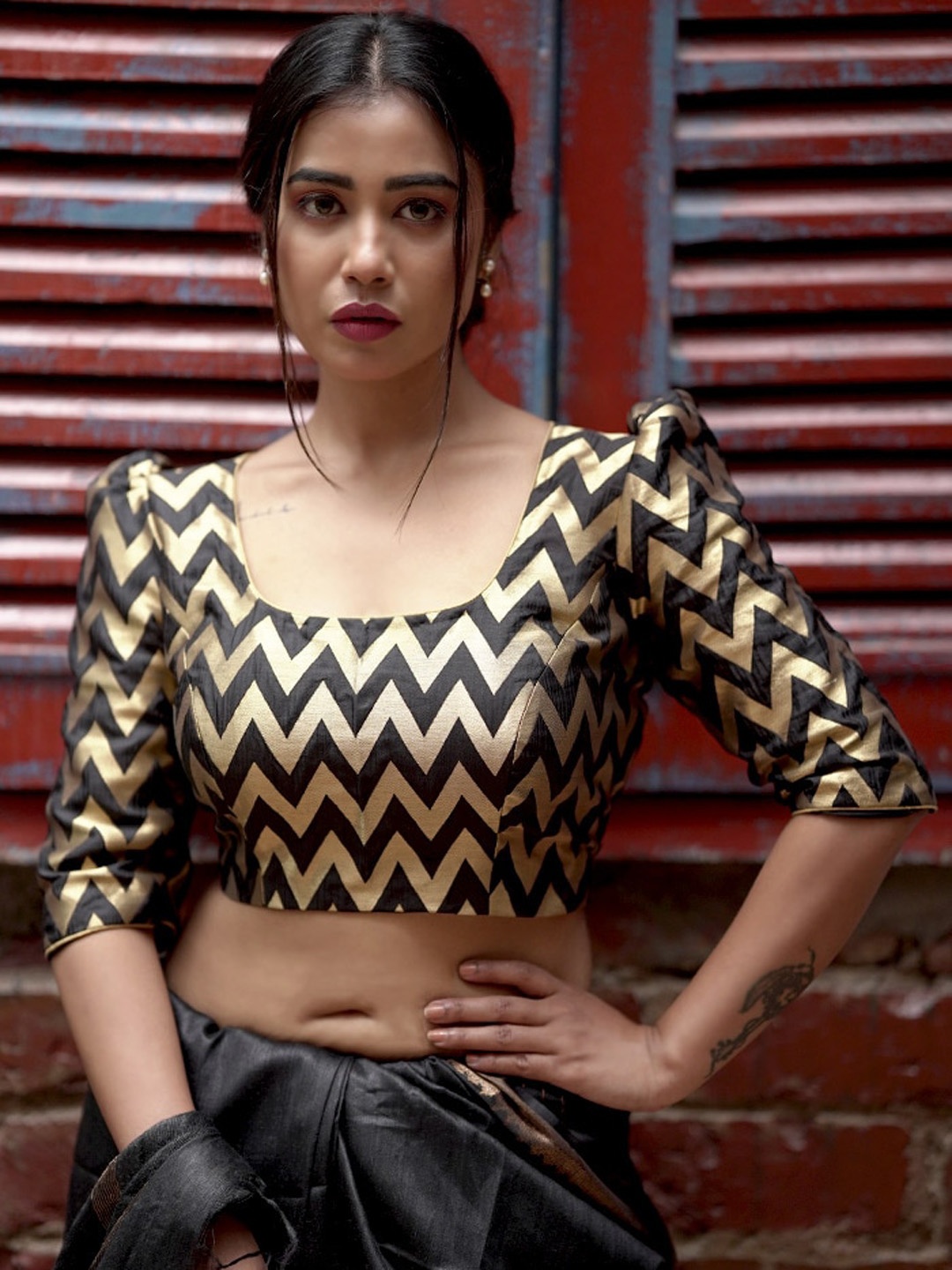 

AllSilks Wove Design Square Neck Brocade Saree Blouse, Black
