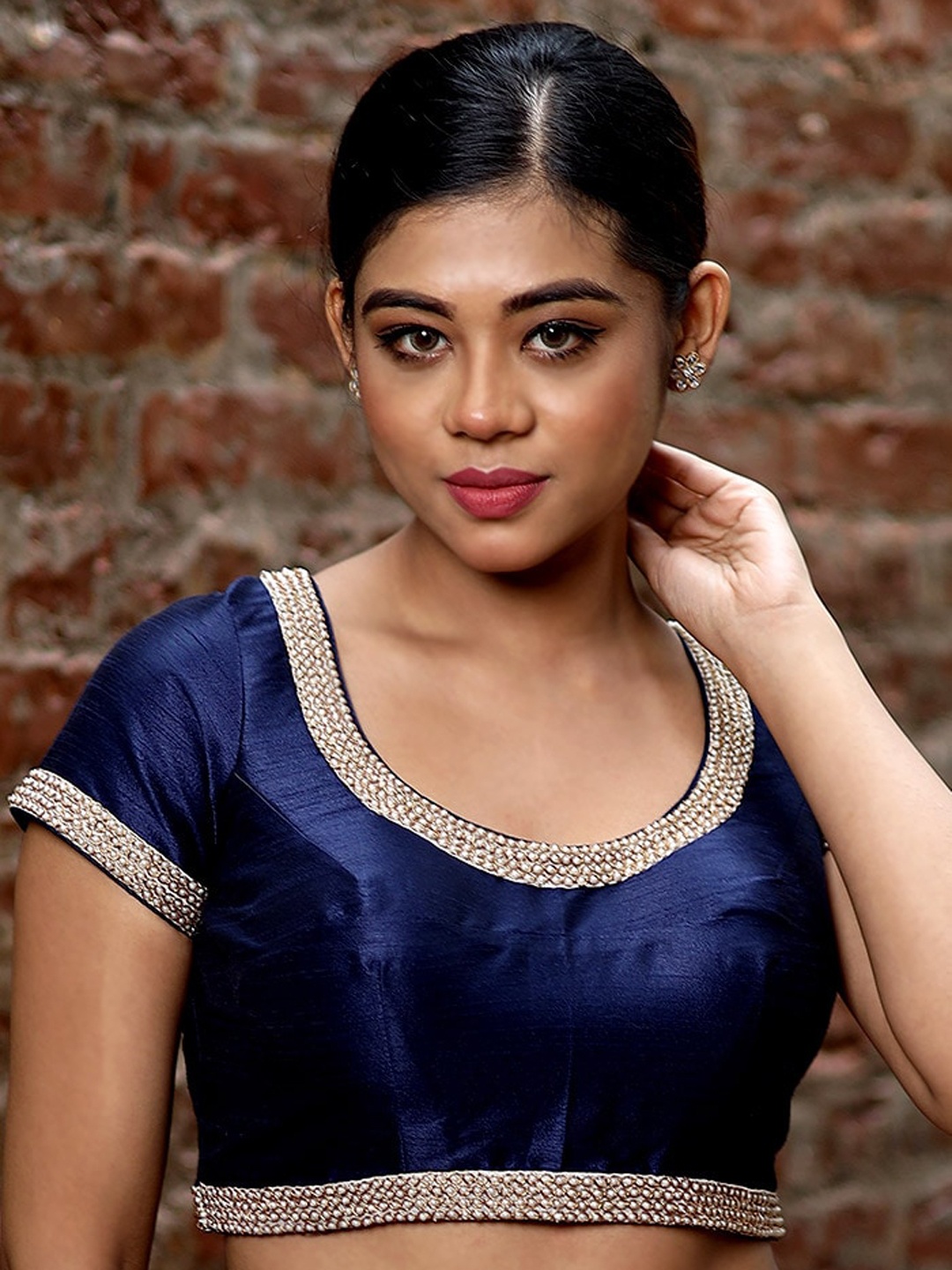 

AllSilks Round Neck Padded Lace Work Raw Silk Designer Saree Blouse, Blue