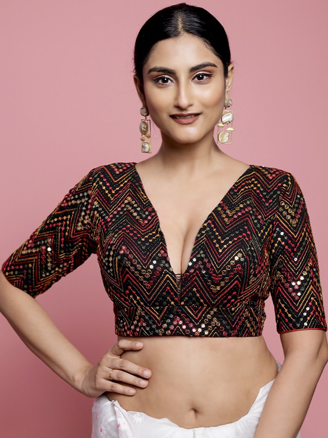 

AllSilks Embroidered Sequin Saree Blouse, Black