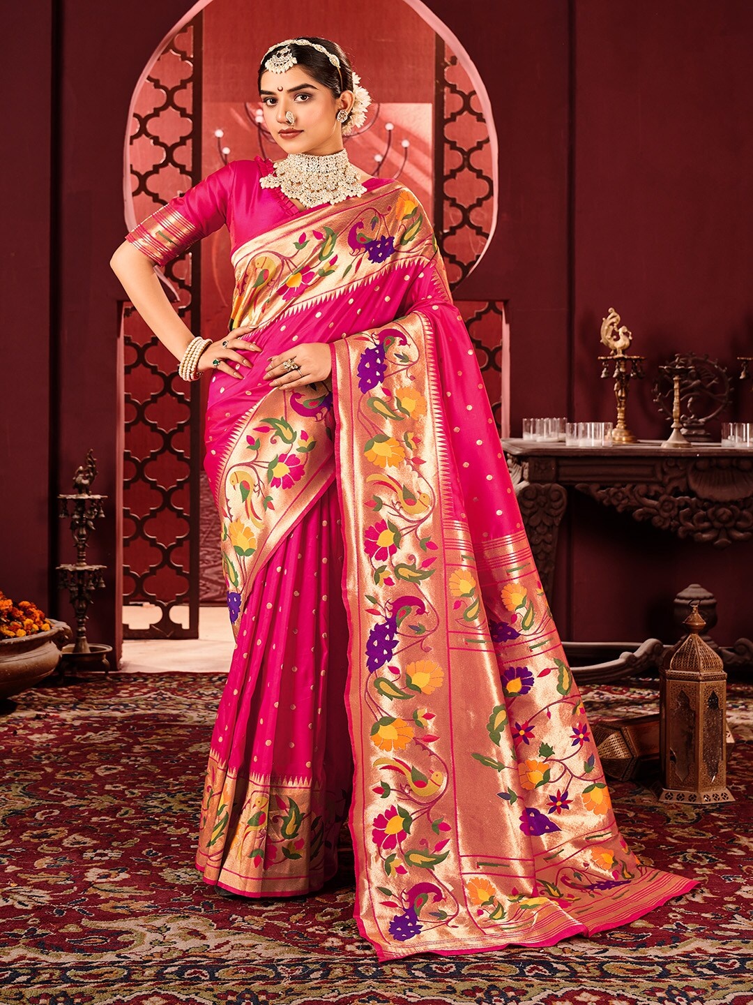 

Kalapushpi Ethnic Motifs Woven Design Zari Banarasi Saree, Pink