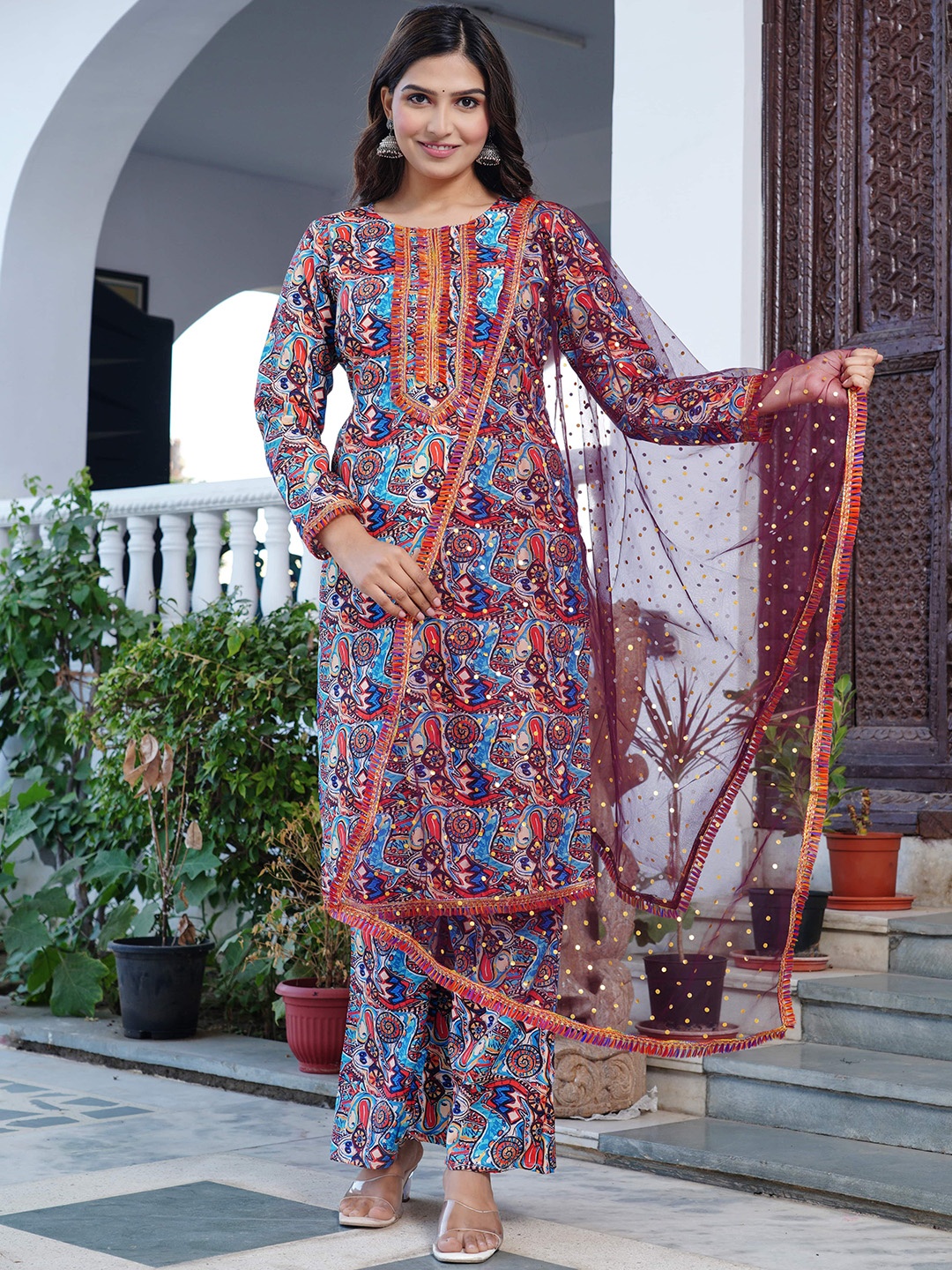 

Shedika Abstract Printed Straight Kurta with Palazzos & Dupatta, Blue