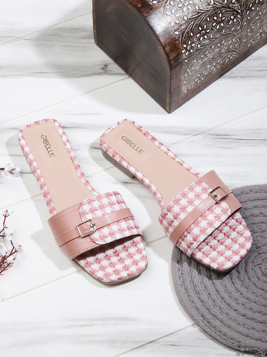 

Gibelle Printed Open Toe Flats With Buckle Detail, Pink