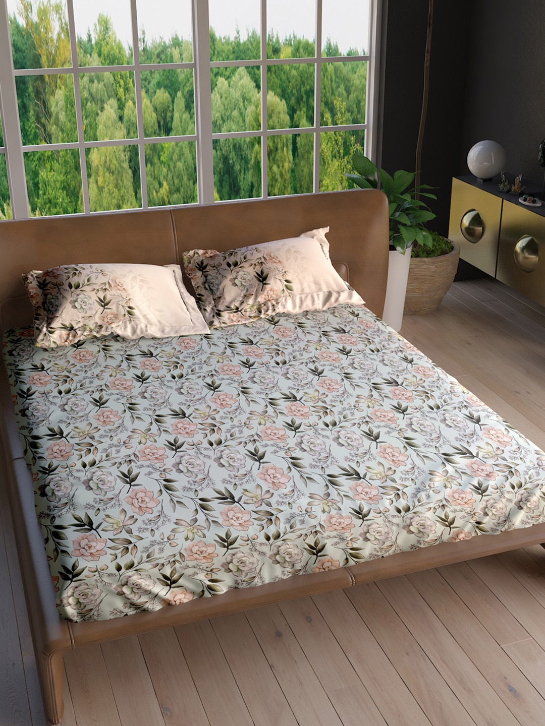 

LABHAM Green & Brown Floral Cotton 180 TC King Bedsheet with 2 Pillow Covers