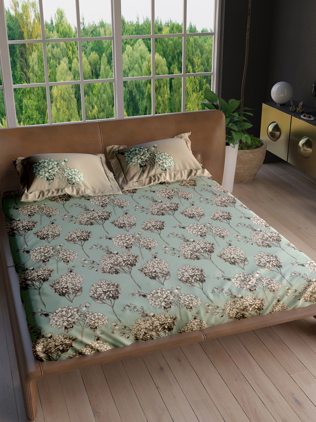

LABHAM Green & Pink Floral Cotton 180 TC King Bedsheet with 2 Pillow Covers