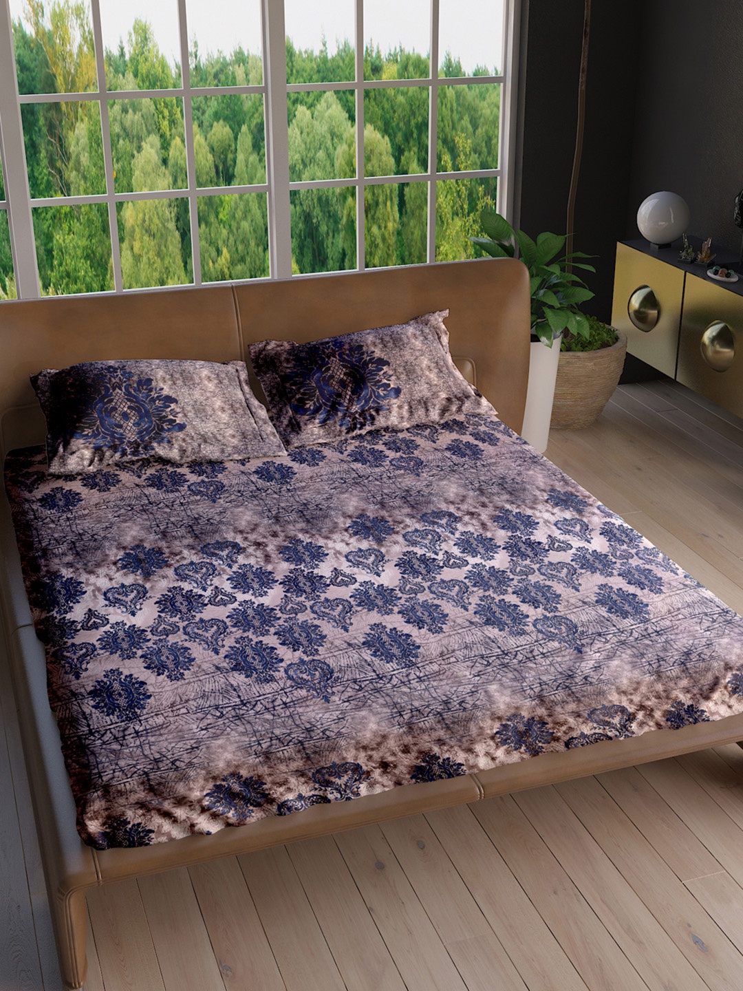 

LABHAM Insignia Grey & White Floral Pure Cotton 180 TC King Bedsheet with 2 Pillow Covers