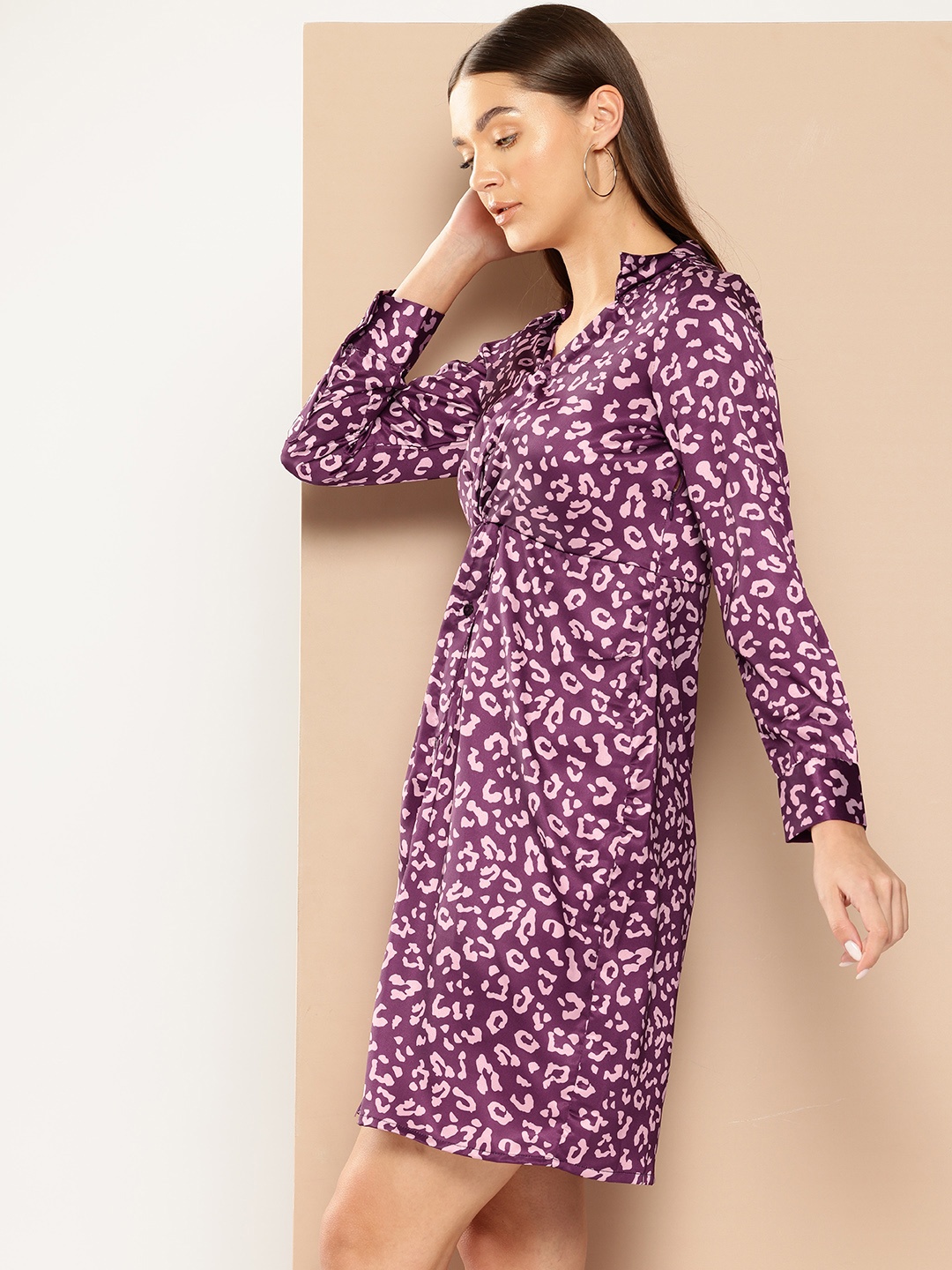 

Chemistry Animal Print Satin Finish Shirt Dress, Purple